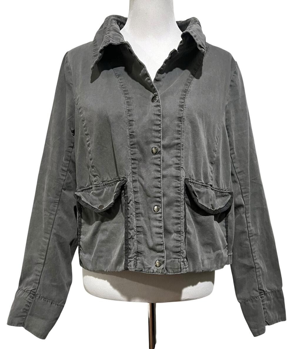 Gap Women’s Cotton Canvas Jacket Gray Utility Flap Pockets Snaps Sz M